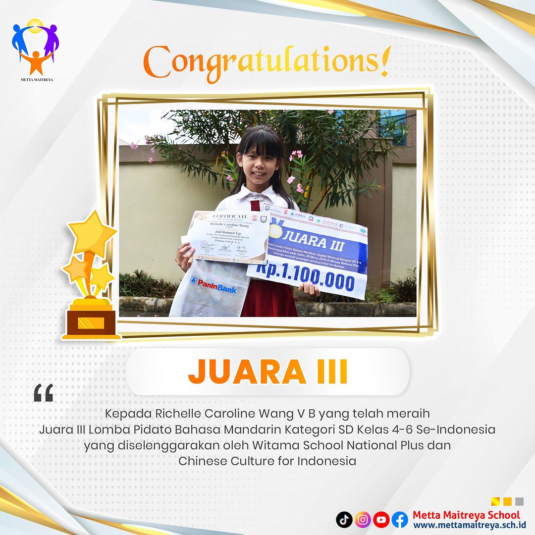 Prestasi Peserta Didik dalam Lomba Pidato Bahasa Mandarin Kategori SD Kelas 4-6 Se-Indonesia | SD METTA MAITREYA